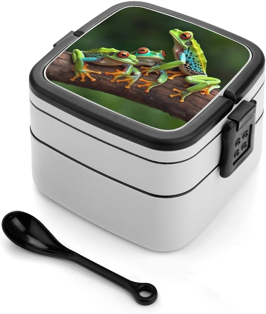 All-in-One Bento Box Stackable Leak-Proof Lunch Box With Carry Handle 2 Layer Portable Meal Prep Container Colored Frogs And Dragonflies Lunchbox with Utensils for Dining Out Work, Black