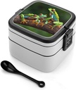 All-in-One Bento Box Stackable Leak-Proof Lunch Box With Carry Handle 2 Layer Portable Meal Prep Container Colored Frogs And Dragonflies Lunchbox with Utensils for Dining Out Work, Black