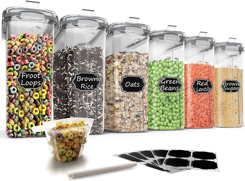 Wildone Cereal Storage Containers Set, Large BPA Free Plastic Airtight Food Storage Containers 4L /135.3oz for Flour, Sugar, 6 Piece Set Cereal Dispensers with 20 Labels & Marker, Grey