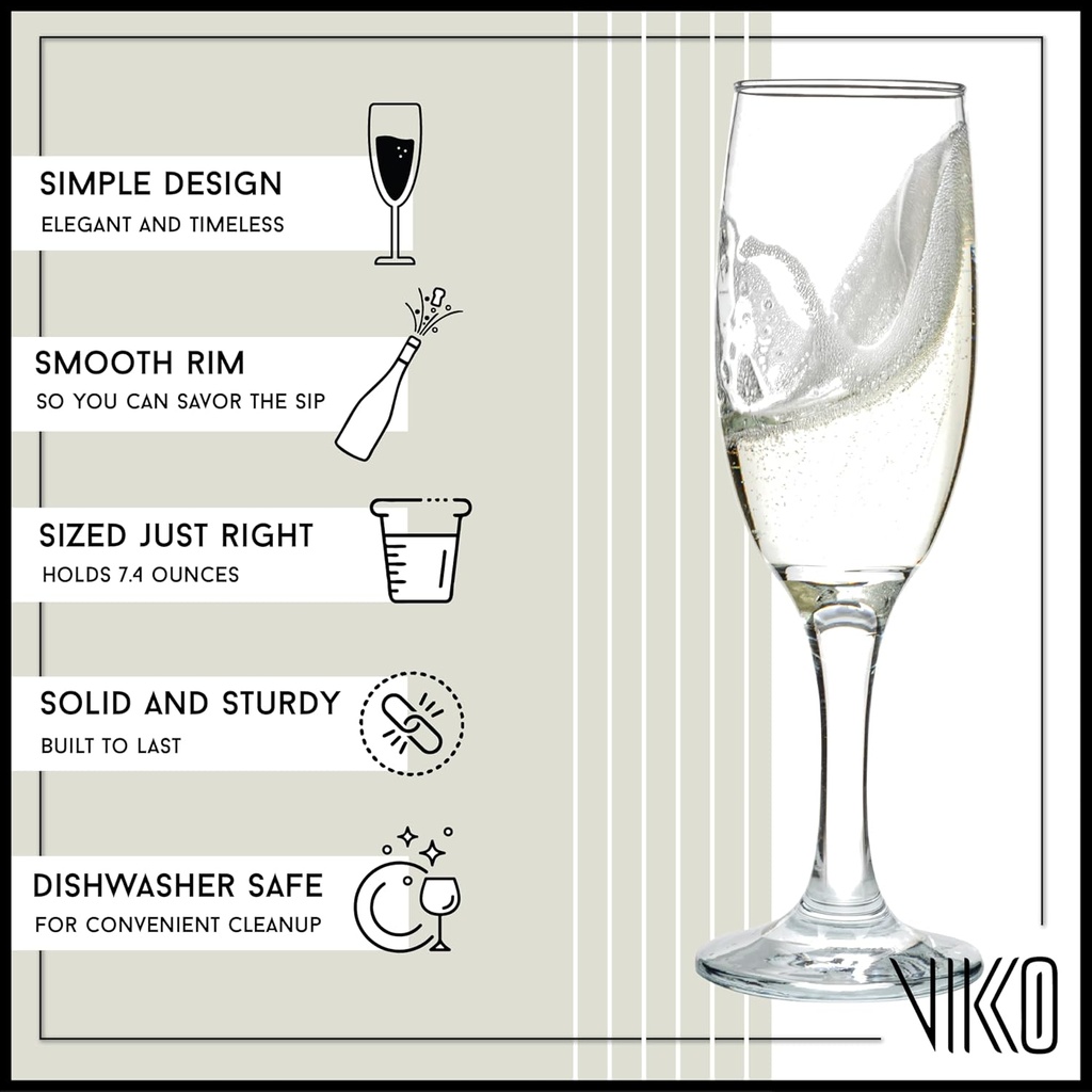 Vikko Champagne Flutes, 6 Ounce Toasting Champagne Flute, Crystal Clear Champagne Glasses, Set of 6 Elegant Sparkling Wine Glasses