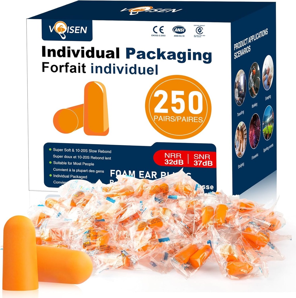 VOISEN Ear Plugs - 250 Pairs Noise Cancelling Ear Plugs for Sleeping, Snoring, Studying, Concerts & Traveling