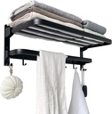 24in Towel Racks Shelf for Bathroom, Foldable Wall Mounted Towel Storage with 9 Towel Hooks, Modern Rustproof Towel Holder with Shelves, Towel Rail Hanger for Hotel Dorm Restroom RV Gym Toilet, Black