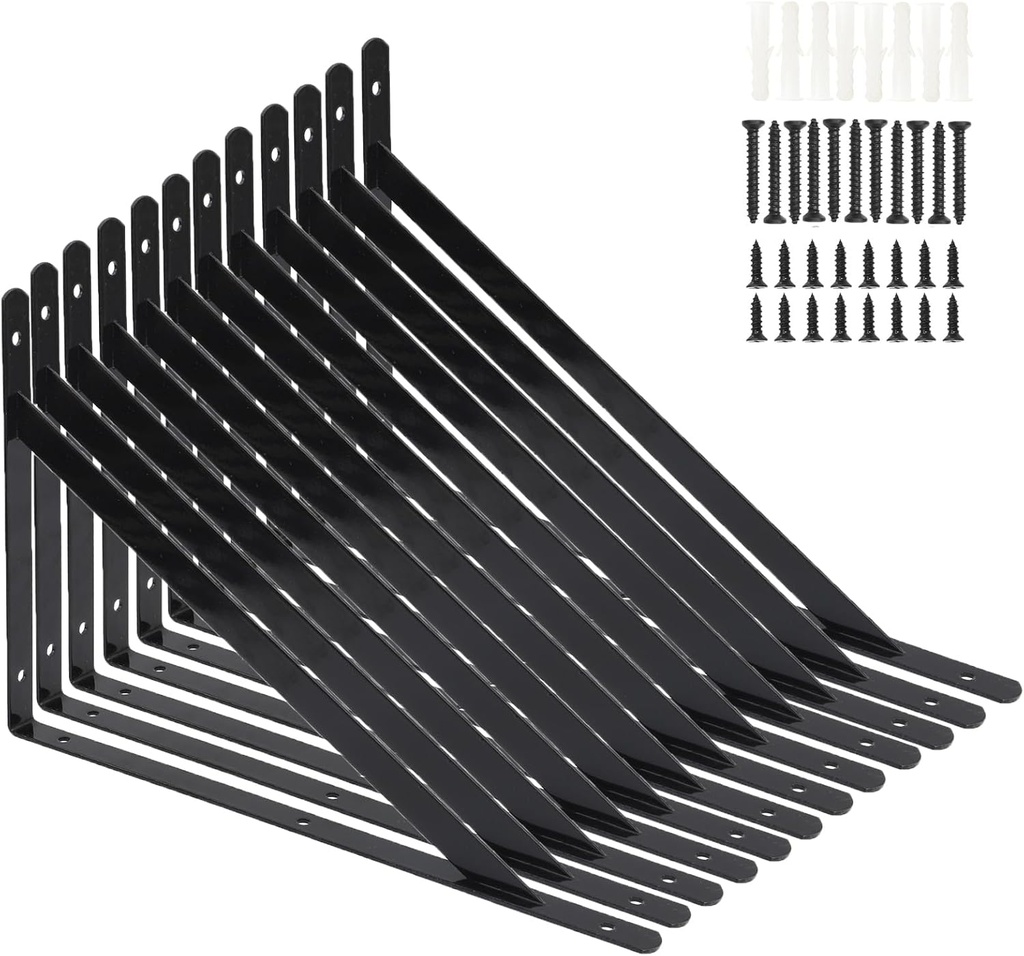 12 Pack L16" x H 10" Heavy Duty Shelf Brackets with Screws Wall Shelf Brackets with 90 Degree Triangle, Black Metal Shelf Brackets, Shelves L Brackets(400x250mm)