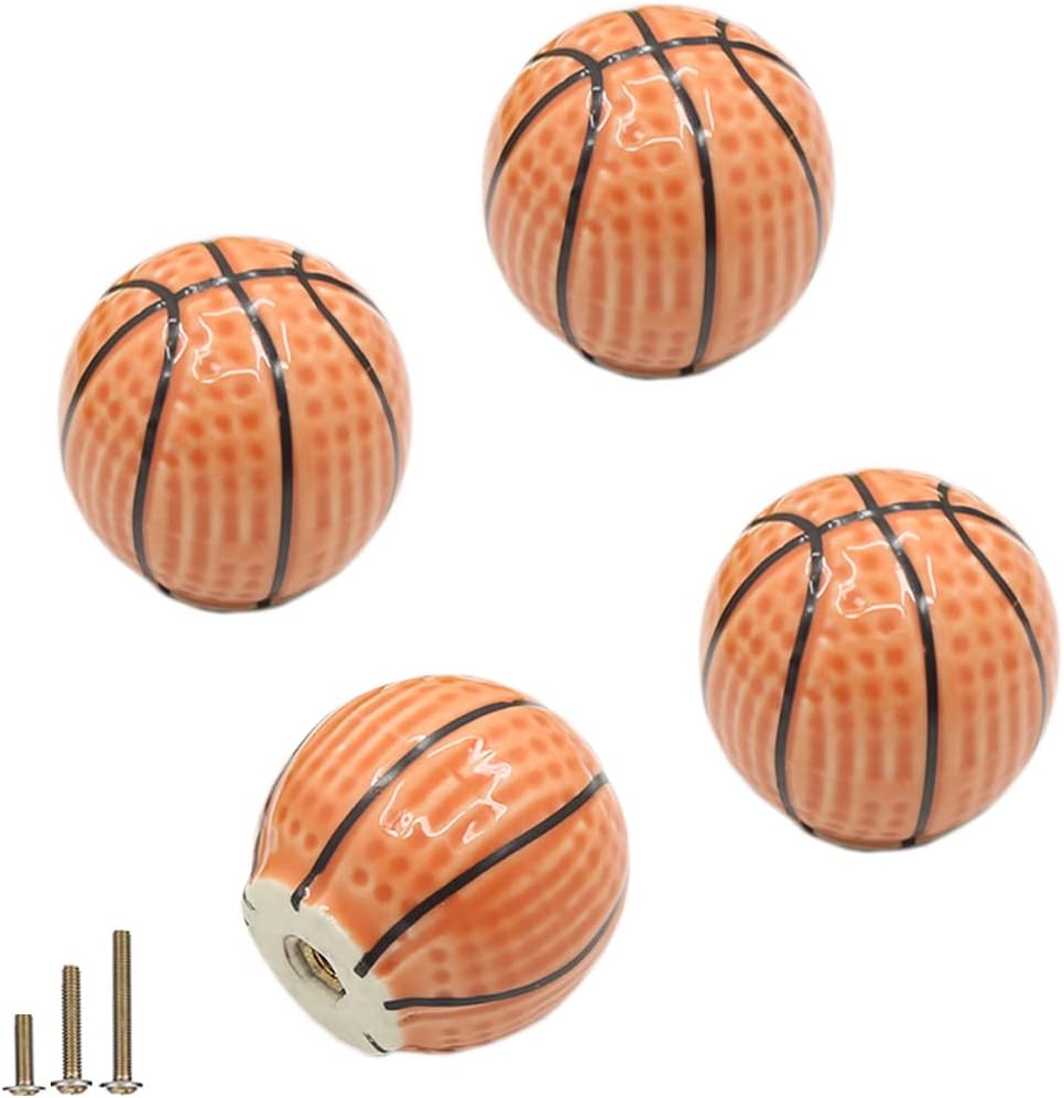 Heavy Ceramic Basketball knobs Ball Knobs, 4 Pcs Ball Sports Party Theme Children and Baby Home Decor Drawer Knob Pulls Handles for Dresser Cupboard Wardrobe Cabinet Kitchen (4, Basketball-o)