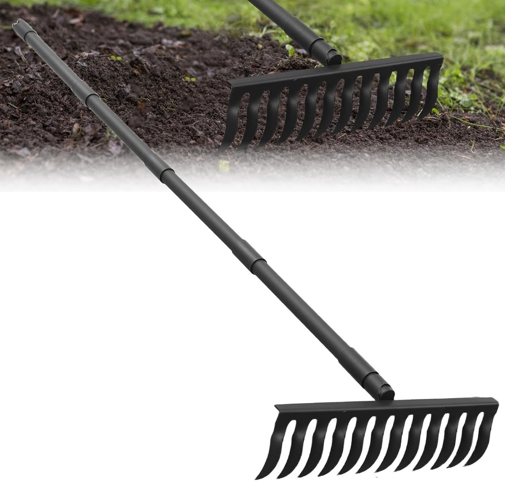 Garden Metal Bow Rake with 60 Inch Long Adjustable Handle,17 Inch Wide Heavy Duty Yard Thatch Rock Rakes for Gardening, Lawn Leveling, Loosening Soil, Gathering Grass, Gravel, Mulch, Leaves