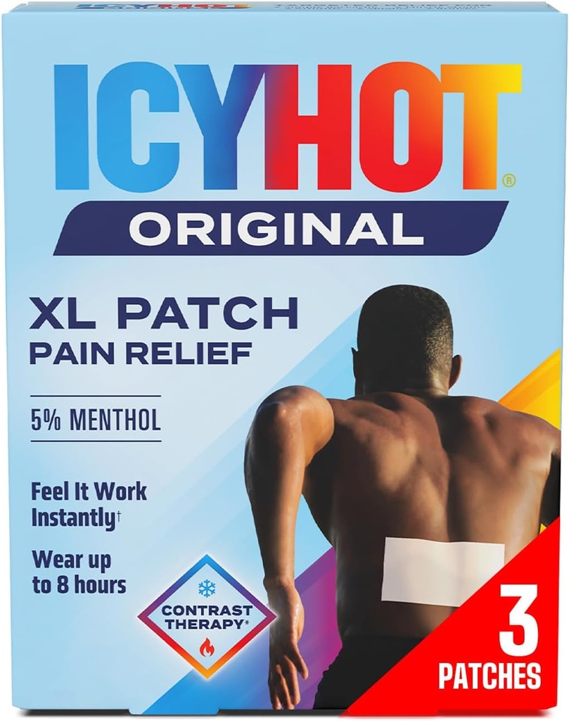 Icy Hot Original Pain Relief Patch, XL Size Comfortable Fabric Patches with Menthol 5%, Ice and Heat Contrast Therapy for Large Areas Including Backaches, Joints, Muscle Strains and Arthritis, 3 ct.