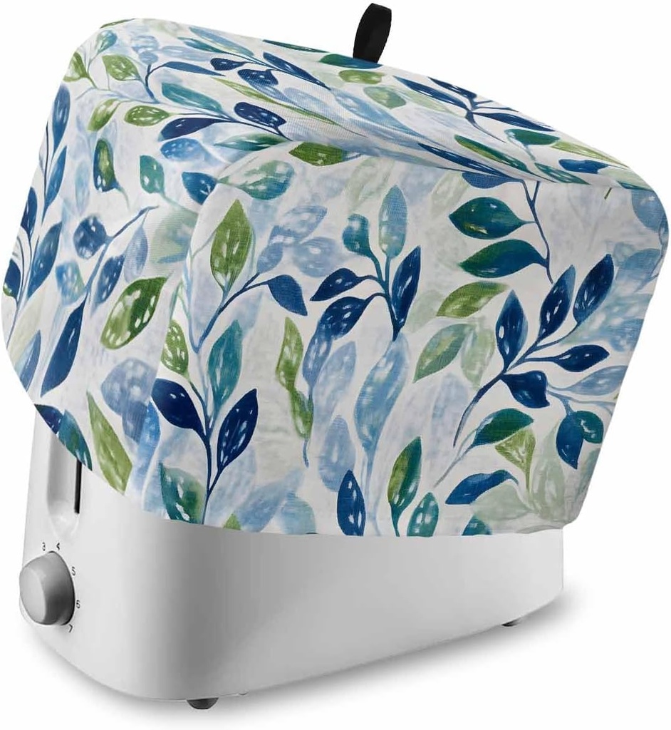 Navy Blue Leaves Small Toaster Cover 2 Slice, Kitchen Appliance Covers with Pocket & Loop, Green Summer Botanical Polyester Bread Machine Covers Dust & Fingerprint Protection