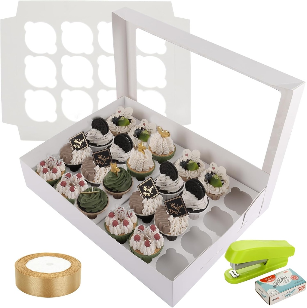10 Pack Cupcake Boxes 24 Count Cup Cake Box Mini 24 Count Cupcake Containers with Window and Inserts, Disposable Cupcake Carrier White Cupcake Holder for Cupcakes and Pastries