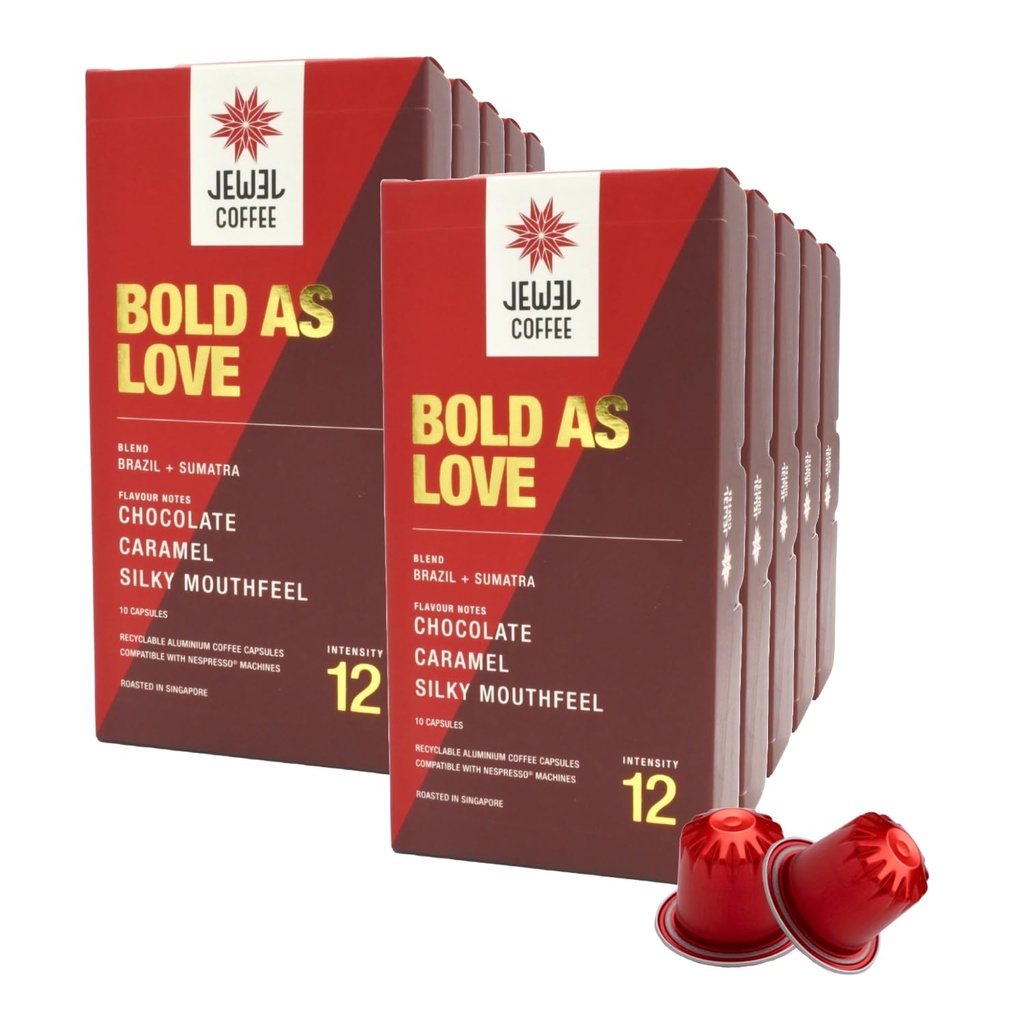 Jewel Coffee Specialty Coffee Pods - Bold As Love Blend, 100% Arabica Coffee, Intensity 12, Medium Roast, Compatible with Original Nespresso Machines, 100 Count (10 Boxes of 10 Espresso Capsules)