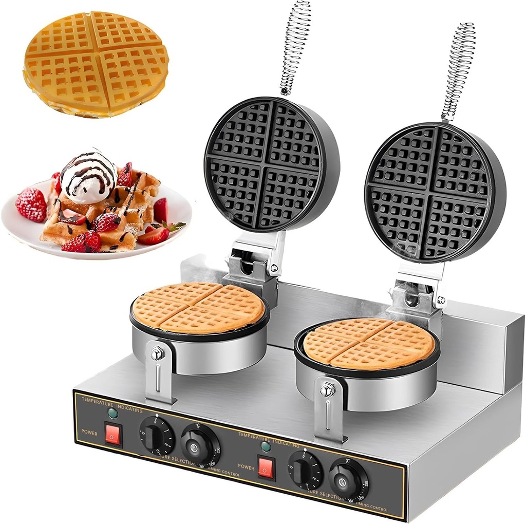 Commercial Waffle Maker - 2400w Adjustable Temperature Control Double Waffle Maker | 110v Round Bubble Waffle Maker with Nonstick Plates | Chaffle Maker for Grilled Cheese, Brownies and Quesadilla