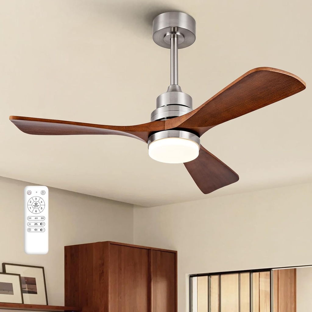 42 Inch Ceiling Fan with Lights, Remote Control, Dimmable, Solid Wood Blades, Power-Off Memory, Quiet DC Motor, Modern Brushed Nickel Ceiling Fan for Farmhouse Living Room Bedroom Patio Outdoor