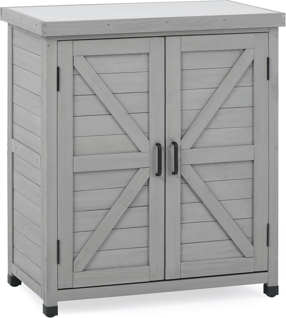 Outdoor Potting Bench with Storage Cabinet and Metal Top, Wood Workstation for Outdoor Patio, Garden (Classic Grey, 31x17x36‘’)