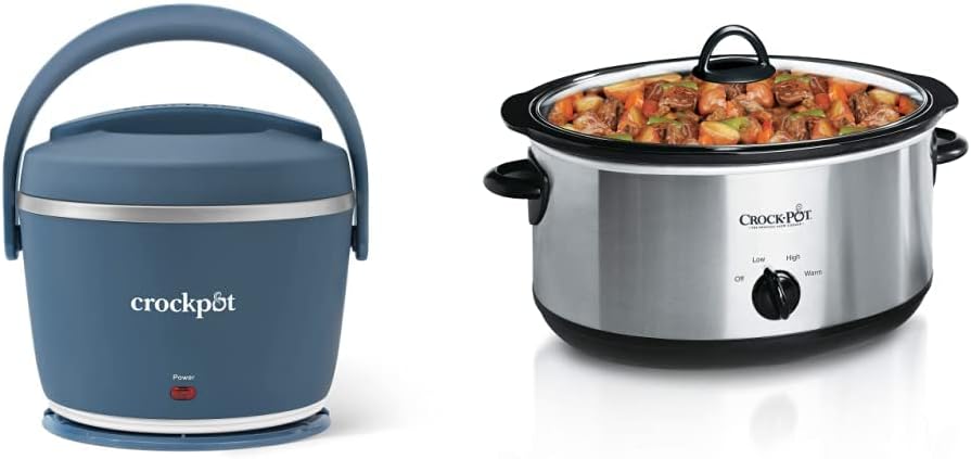 Crock-Pot Crockpot Electric Lunch Box, Portable Food Warmer for On-the-Go, 20-Ounce, Faded Blue & 7-Quart Oval Manual Slow Cooker | Stainless Steel (SCV700-S-BR)