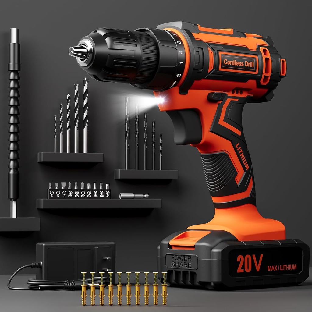 Cordless Drill Set, VIWKO 20V Power Drill with Power Pack 2.0Ah and Charger, 3/8-Inch Keyless Chuck Electric drill, 25+1 Position, 42pcs Drilldriver Bits/Screws for DIY Projects (Orange)