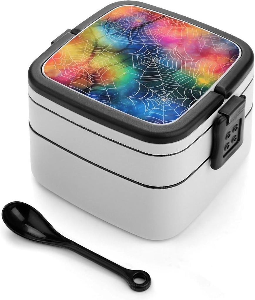 Colorful Spider Web Double Layer Bento Box Lunch Box with Spoon Reusable Bento Case Leak-Proof Food Containers for Work Picnic Camping