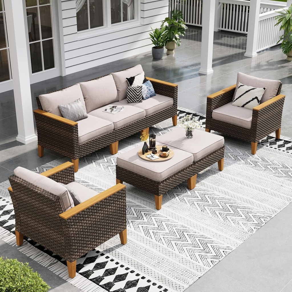 Sophia & William Wicker Patio Furniture Set, Outdoor Rattan Sectional Sofa 7 Piece Patio Conversation Set with 2 x Corner Sofa, 2 x Single Chairs, 1 x Armless Couch, 2 x Ottoman for Deck, Backyard