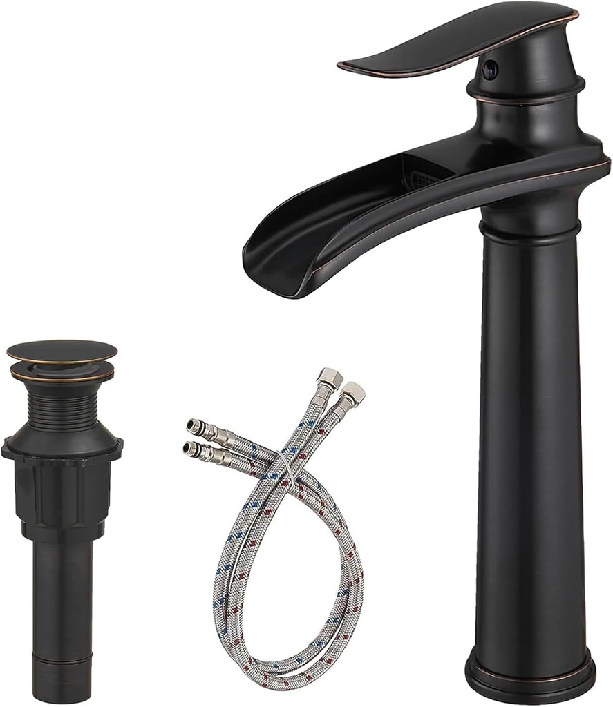 Bathroom Vessel Sink Faucet, Waterfall Oil Rubbed Bronze Bathroom Faucet, Vessel Faucet, Tall Body 1 Hole Single Handle with Pop Up Drain Combo Vanity Mixer Tap Basin Bowl Sink