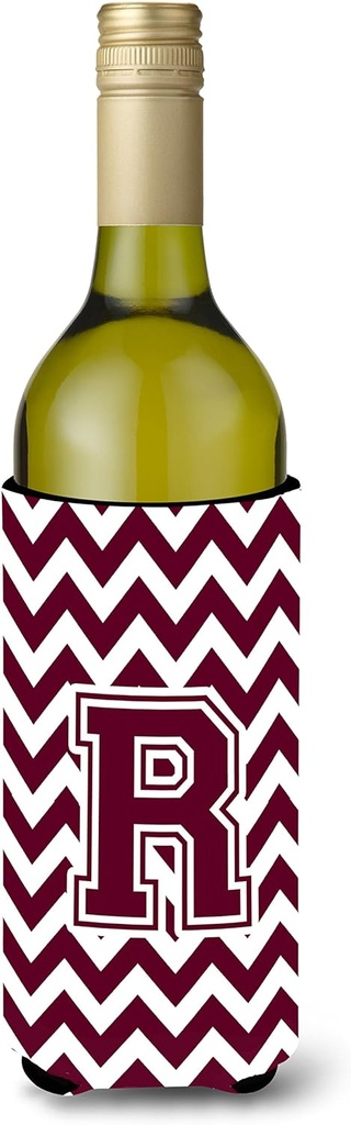 Caroline's Treasures CJ1051-RLITERK Letter R Chevron Maroon and White Wine Bottle Hugger Bottle Cooler Sleeve Hugger Machine Washable Collapsible Insulator Beverage Insulated Holder