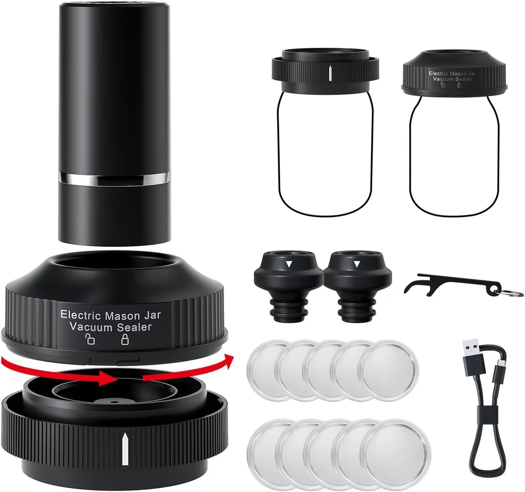 Multi-Functional Electric Mason Jar Vacuum Sealer Kit - Wireless Kitchen Sealer with 2 Vacuum Wine Stoppers, Standard & Wide Mouth Lids, Lid Opener, and USB Charging