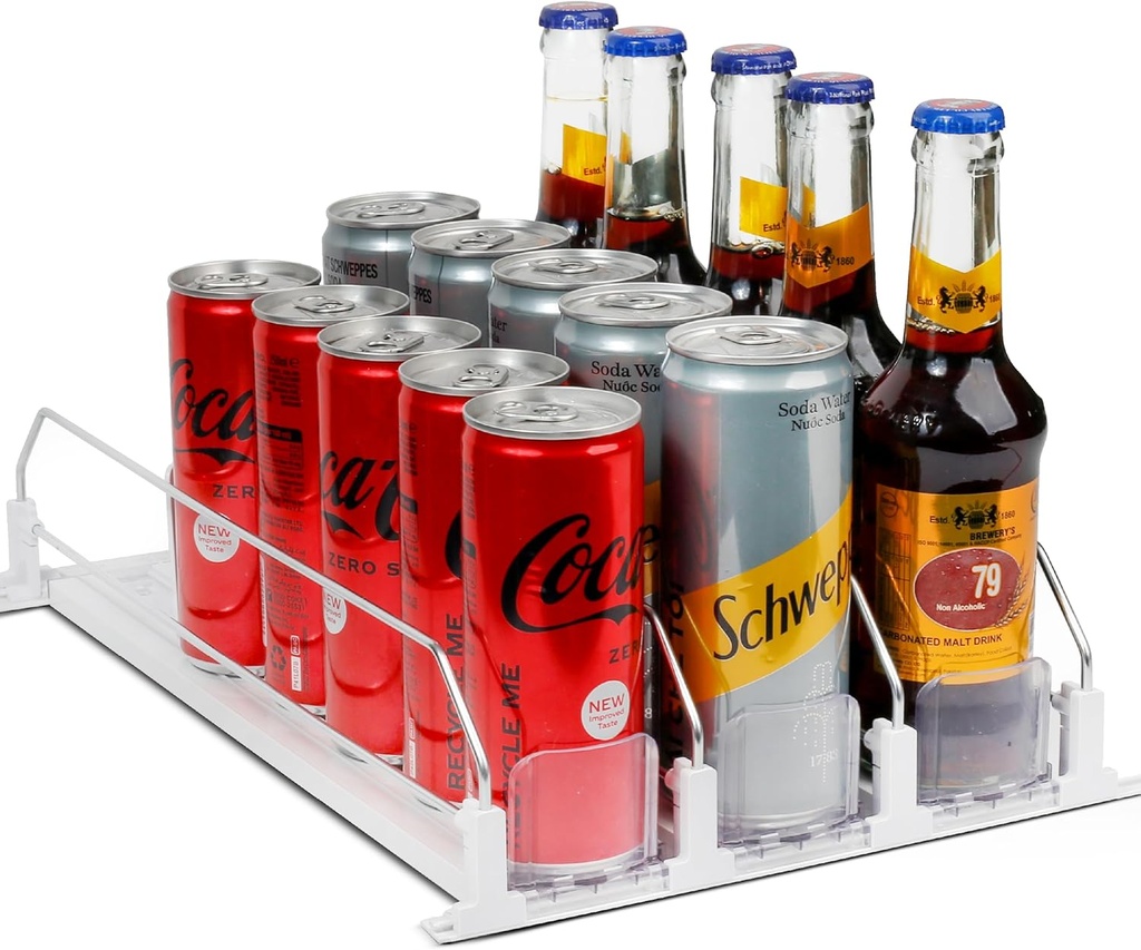 Dwella Drink Organizer for Fridge – 3-Tier Can Dispenser for Fridge, Self-Pushing Drink Dispenser Fridge, Adjustable Width Durable Soda Can Organizer for Refrigerator