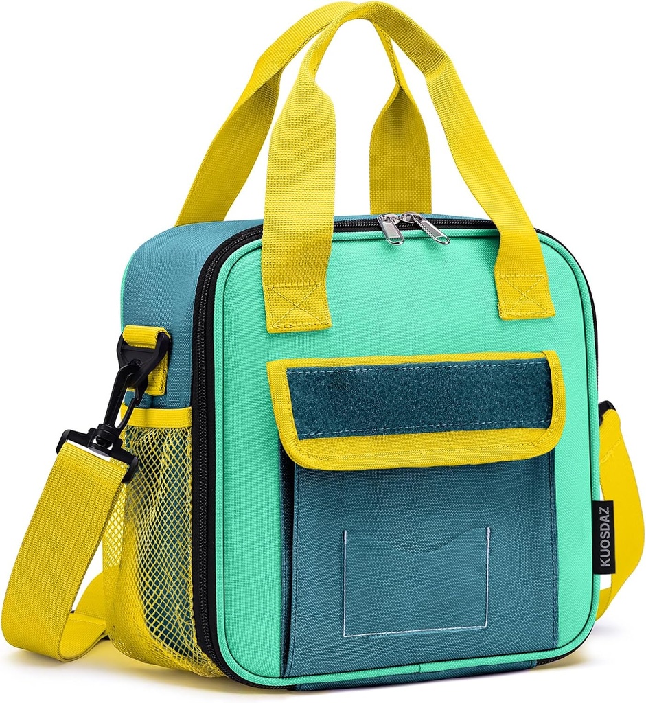 Lunch Box for Kids, Large Double-Insulated Lunch Bag for Boys, Cooler Bag Back to School Thermal Reusable, Cute Preppy Students Lunch Tote Pail with Water Bottle Holder, Blue & Green