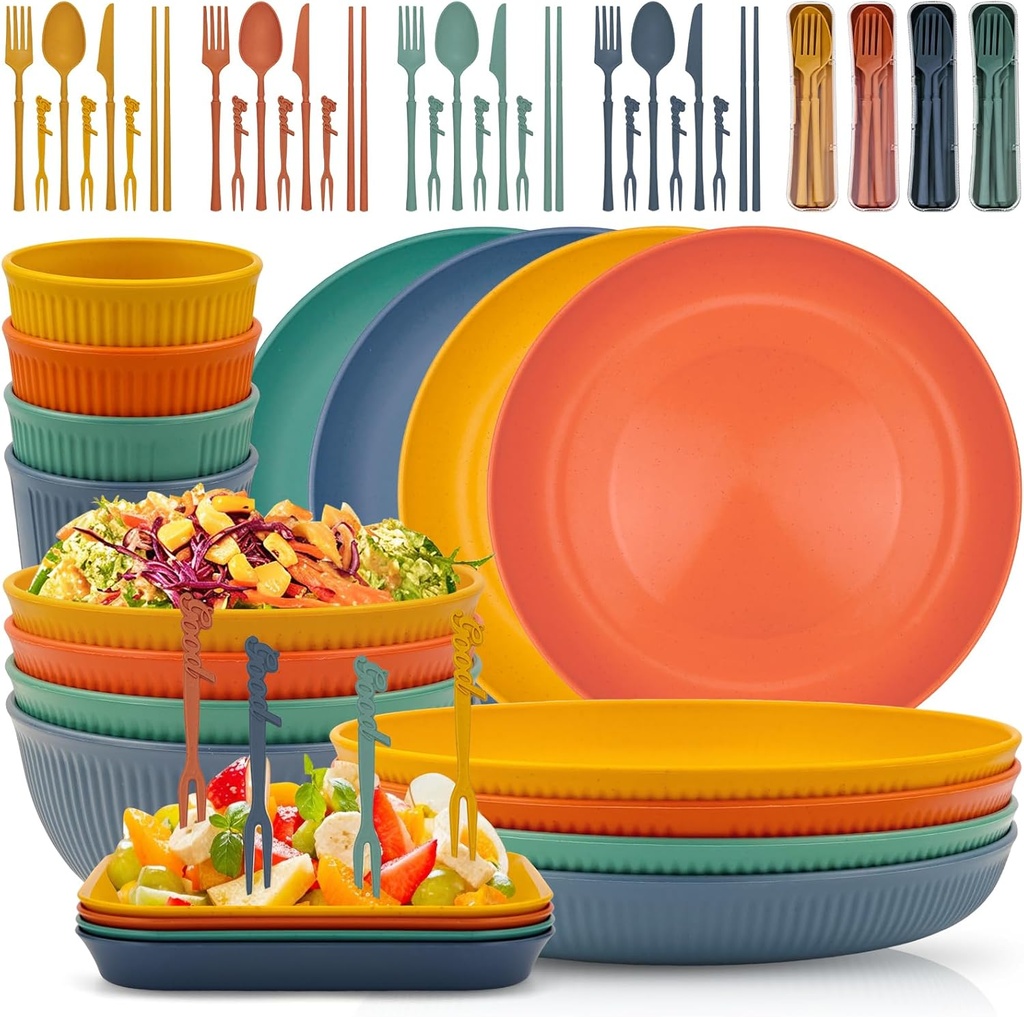 40-Piece Wheat Straw Dinnerware Set, Service for 4, Unbreakable Plates Bowls Cups Utensils with Fruit Forks, Dishwasher & Microwave Safe, Apartment Essentials & Outdoor Camping