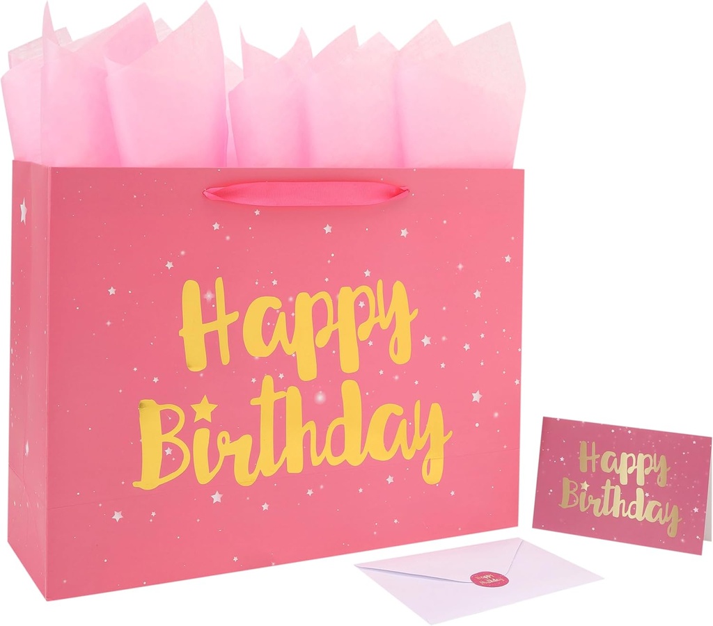 Qirrmiy 16.5” Extra Large Pink Happy Birthday Gift Bag Set with Handles, Greeting Card, Tissue Papers and Stickers for Women Girls Kids, Stars Design, 1 Pcs.