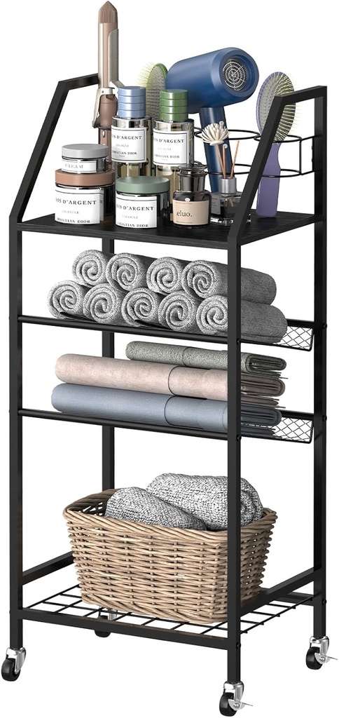 Tuenort 4 Tier Free Standing Towel Rack, Metal Floor Towel Holder with Wheels for Bathroom,Laundry Room, Kitchen, Black