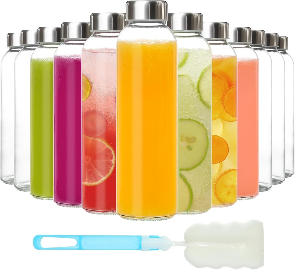 KEYWING 12Pack Glass Juice Bottles with Lids, 18oz Clear Juicing Bottle with Reusable Glass, Leak Proof Water Bottles with Airtight Stainless Steel Cap for Juice, Coffee, Beverage, Smoothies, Tea