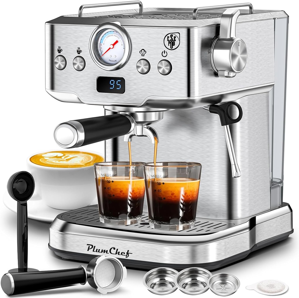 PlumChef Espresso Machine 20 Bar Professional Compact Household Coffee Espresso Maker with Milk Frother Steam Wand Pressure Gauge 60oz Water Tank Low Noise and Fast Coffee Machine for Cappuccino Latte
