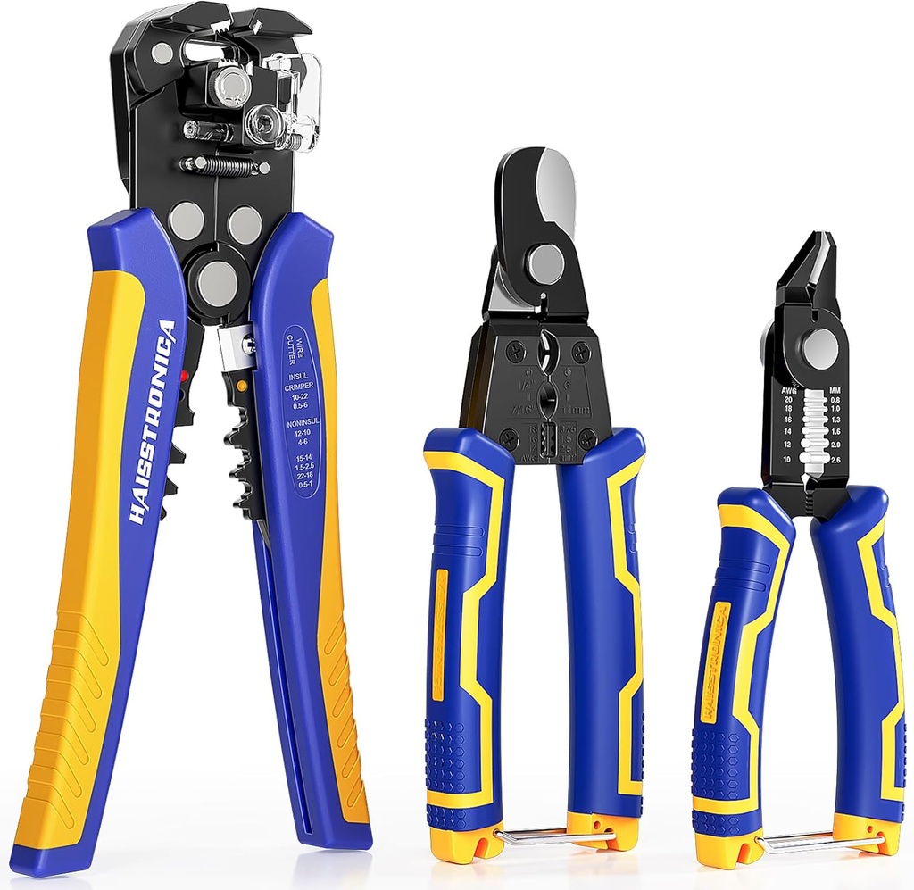 haisstronica Wire Stripper Tools Set for Professional Electrician,10-24AWG,3 Pack Self-Adjusting Wire Stripper & Flush Cutter & Cable Cutters for Wire Stripping, Cutting, Crimping, Cable Skinning