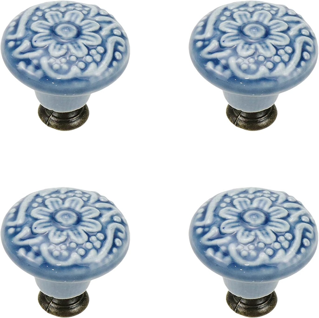 Geesatis 4 Pcs Ceramic Cabinet Kitchen Knobs Handles Vintage Round Single Hole Knobs for Drawer Cupboard Closet, with Mounting Screws, Blue