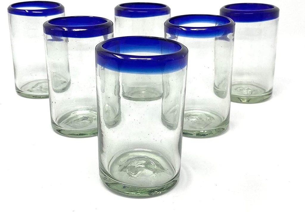 Unknown1 Hand Blown Mexican Drinking Glasses Set of 6 Juice with Cobalt Blue Rims (8 Oz Each) Glass