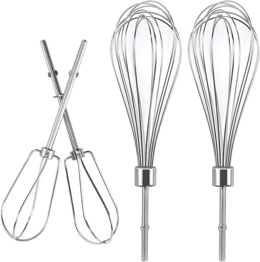 Hand Mixer Turbo Beaters (2 Pack) & Stainless Steel Pro Whisk (2 Pack) Compatible with KHM512BM, KHM2B, KHM312, KKHM53 & Hand Mixer Attachments