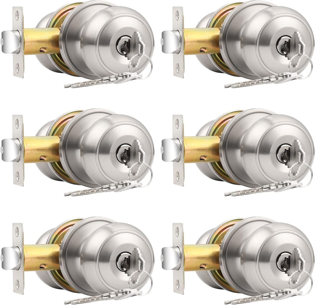 Probrico 6 x Brushed Nickel Keyed Alike Round Shape Door Handles Entry with Key Door Knobs Lockset