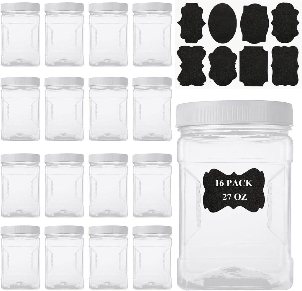 16 Pack 27 oz Plastic Storage Jars with Lids, Square Containers with Easy Grip Handles, Clear Jars with Stickers, Wide Mouth Canisters for Food & Home Storage