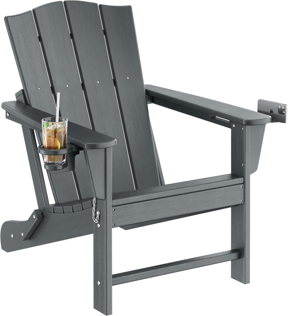 Yaheetech Folding Adirondack Chair Outdoor, HDPE Plastic Adirondack Chair with Cup/Mobile Phone Holder for Deck, Patio, Pool, Backyard, Weather Resistant, Wooden Texture, Easy Assembly Gray