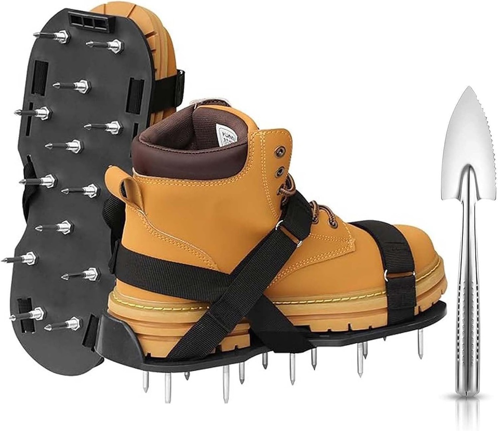 Lawn Aerator Shoes for Grass with Hook & Loop Straps, Free-Installation Grass Aerator Lawn Tool for Yard Garden Patio Grass, Heavy-Duty Spike Shoes for Men Women, Black with Stainless Shovel (Black)