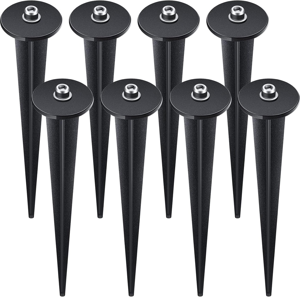 Zhengmy 8 Packs Threaded Spike Flood Light Ground Stake Metal Replacement Stakes for Solar Lights Outdoor LED with 8 Hex Screws for Gardens Yard Path Lawn 6.3 Inches(Black)