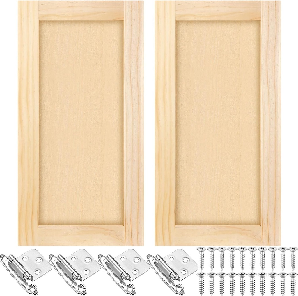 2 Pcs 12'' W x 24'' H Unfinished Pine Kitchen Cabinet Door Replacement with 4 Pcs Cabinet Hinges Wood Shaker Door Front Replacement for Kitchen, Bathroom, Vanity