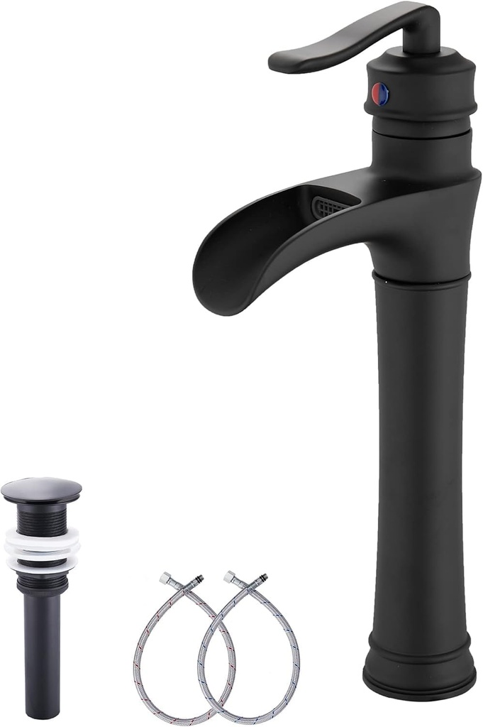 Matte Black Bathroom Faucet GGStudy Single Handle One Hole Farmhouse Waterfall Bathroom Vessel Sink Faucet Black Matching with Pop Up Drain