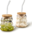 2 Pcs Grape Shape Glass Cups with Bamboo lids and Straws, 12 oz Drinking Glasses Set, Coffee Cups for Water, Tea, Juice, Milk, Beverage, Beer, Cocktails and More