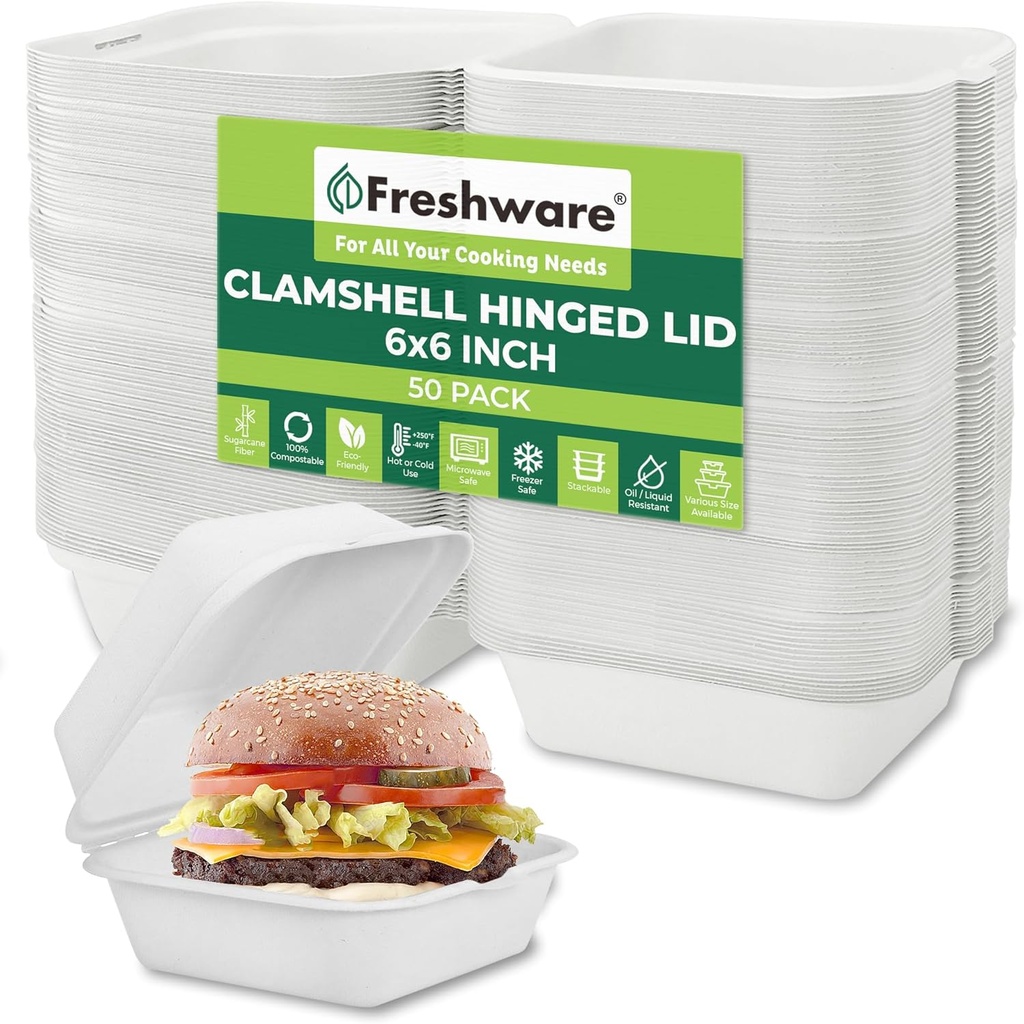 Freshware Compostable Clamshell Food Containers [6x6" 50-Pack], Biodegradable Sugarcane To Go Boxes - Heavy Duty Paper Containers - Microwave & Freezer Safe, Stackable