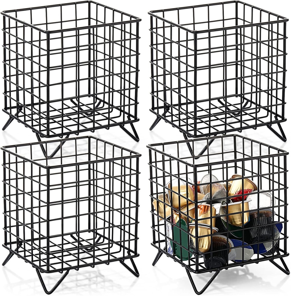 Zubebe 4 Pcs Coffee Pod Holder Large Capacity Coffee Pod Basket Wire Organizer Capsule Cages Metal Storage Capsule Basket, 5.3 x 5.3 x 6.3 In (Black)