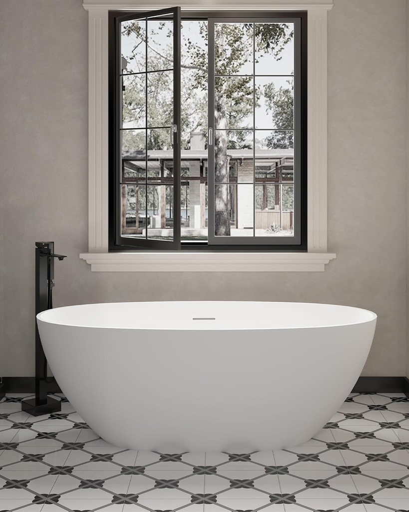 CASAINC 59'' Resin Stone Freestanding Bathtub, Matte White Soaking Bathtub Classic Oval Solid Surface Stand Alone Tub with Overflow and Pop-up Drain, Drain Hose & Sanding Paper