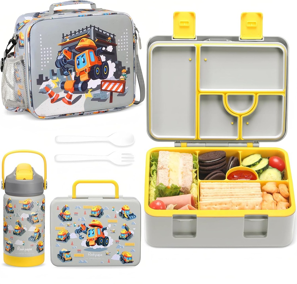 rockpapa 5 Compartment Bento Lunch Box for Kids with Uensils & Insulated Water Bottle & Lunch Bag with Strap, BPA-Free Lunch box Containers Set for School Boys Girls Ages 3+ (Grey Constr Trucks)