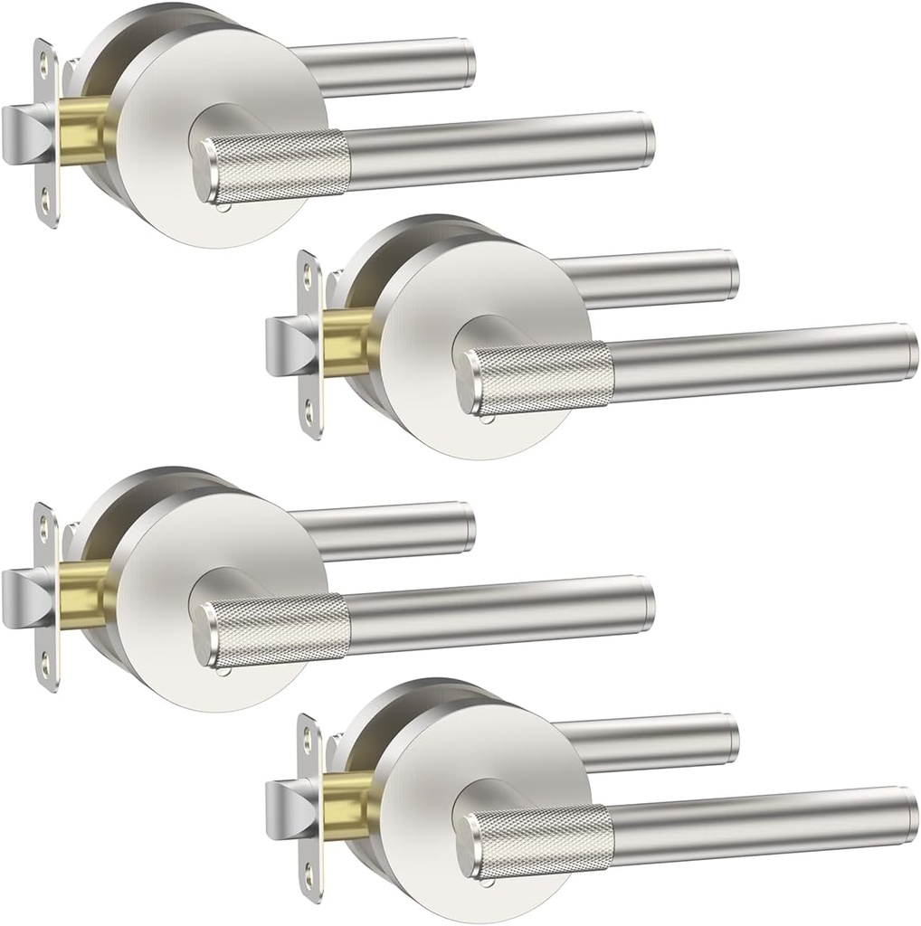 Asidrama 4 Pack Passage Brushed Nickel Door Handles, Door Lever with Door Knobs Indoor for Bedroom or Bathroom, Heavy Duty Door Handles Interior with Locks for Left Right Sided Doors