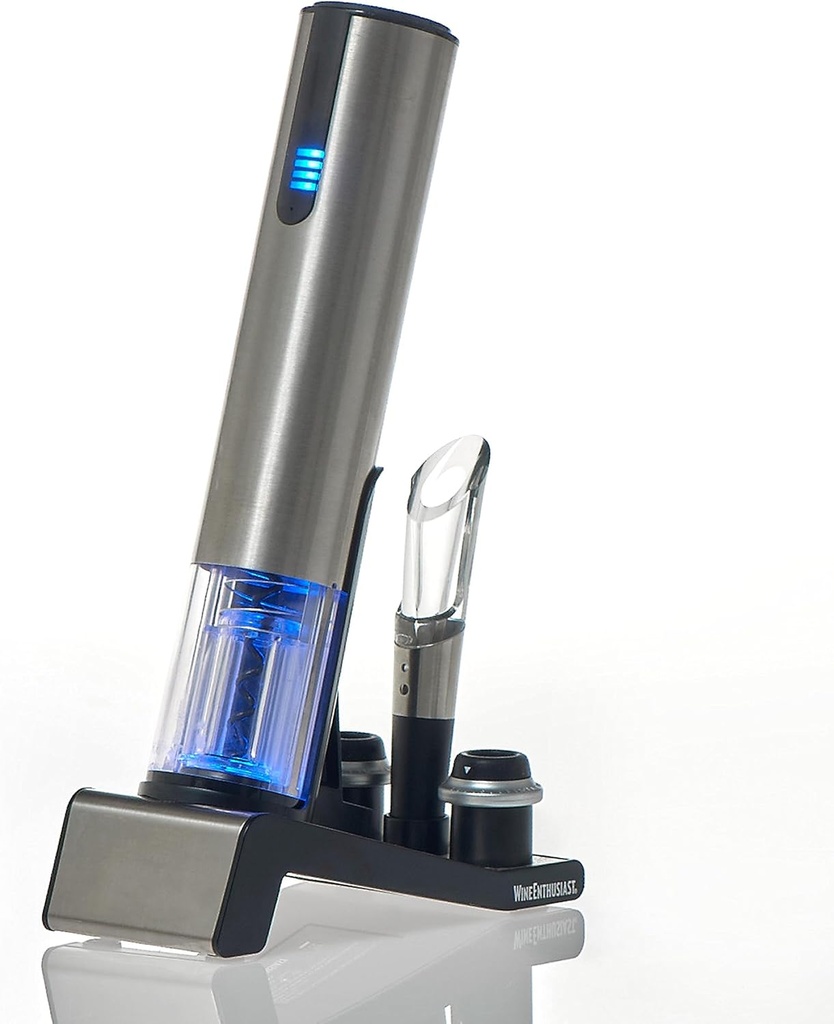 Wine Enthusiast 2-in-1 Electric Blue Automatic Wine Bottle Opener and Preserver Set – Fully Electric Corkscrew with Charging Station – Seal Bottle with Vacuum Stopper (7 Piece Set)