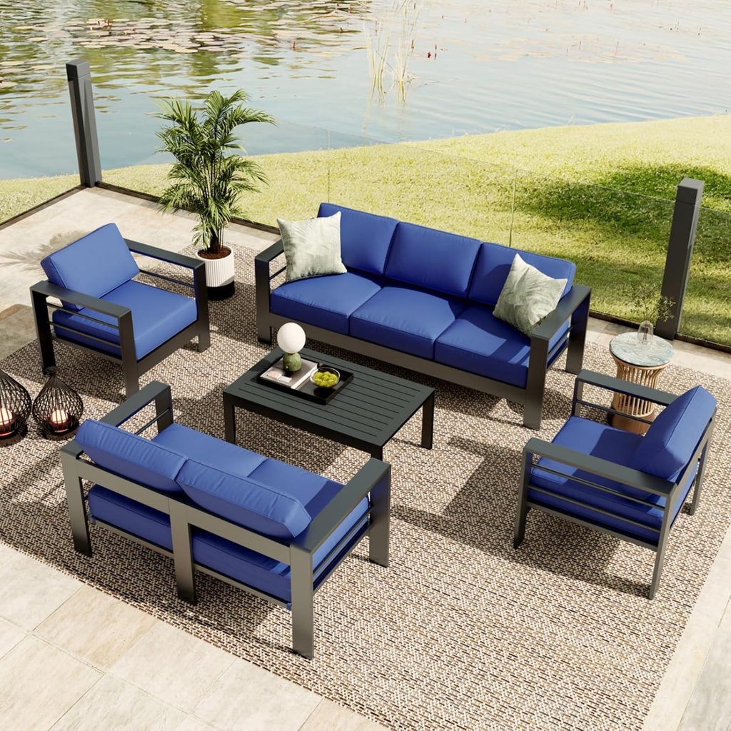 GarveeLife 5-Piece Dark Gray Aluminum Patio Furniture Set, 7-Seat Sectional Sofa with Grey Cushions (2 Singles+1 Loveseat+1 Sofa+1 Table), Outdoor Living Room Set (Blue)