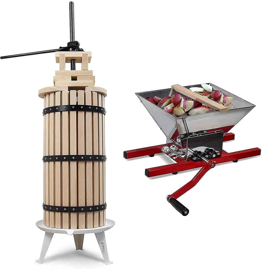 SQUEEZE master XL Fruit Apple Cider Wine Classic Press- 7.9 Gallon/30L-Solid Wood Basket with Fruit Apple Wine Classic Crusher -7 Litre/1.8Gallon
